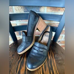Sofft Women’s Sophia Black Leather Penny Loafers with Tan Block Heel Size‎ 7